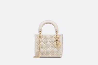 Mini Lady Dior Bag Latte Crinkle-Effect Lambskin with White Resin Half-Pearl Cannage Motif DIOR at Dior