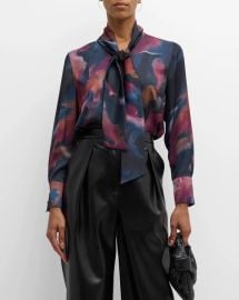 Misook Watercolor-Print Tie-Neck Blouse at Neiman Marcus