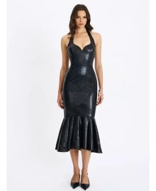 Miss Circle Gardenia Black Leather Midi Sweetheart Halter Flared Dress at Macys