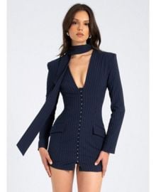 Miss Circle Women39s Tahlia Deep V Pinstripes Navy Blue Blazer Dress with scarf collar - Macy39s at Macys