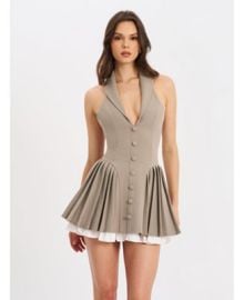 Miss Circle Womens Hazel Brown Preppy Halter Neck Pleated Mini Dress - Macys at Macys