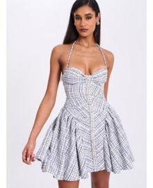 Miss Circle Womens Melody Black and White Plaid Tweed Halter Drop Waist Mini Dress - Macys at Macys