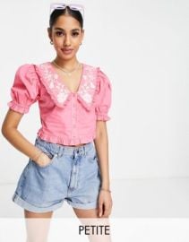 Miss Selfridge Petite embroidered large collar blouse in pink at ASOS