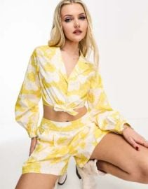 Miss Selfridge Poplin tie front shirt in yellow tropical at ASOS