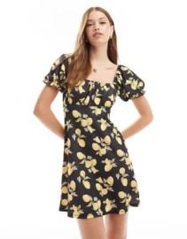 Miss Selfridge babydoll mini dress in lemon print at ASOS