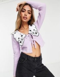 Miss Selfridge collar detail lash tie front cardigan in lilac at ASOS