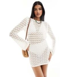 Miss Selfridge crochet low back long sleeve mini dress in cream at ASOS
