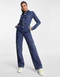 Miss Selfridge denim cargo boiler suit in dark wash blue at ASOS