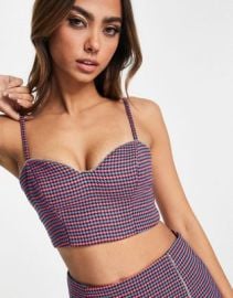 Miss Selfridge dogtooth diamante heart bust cup crop top in pink and blue - part of a set at ASOS