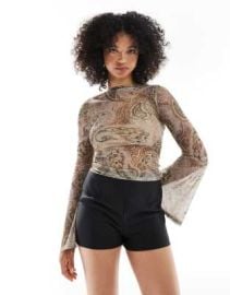 Miss Selfridge extreme flare sleeve 70s printed mesh long sleeve top at ASOS