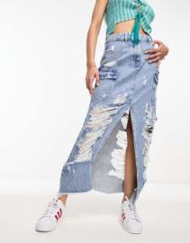 Miss Selfridge extreme ripped denim cargo skirt in light wash blue at ASOS