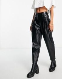 Miss Selfridge faux leather pleated high waist peg pants in black at ASOS