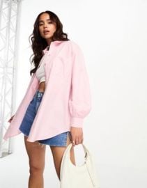 Miss Selfridge oversized poplin shirt in soft pink at ASOS