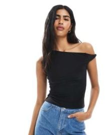 Miss Selfridge slinky twisted sleeve top in black at ASOS