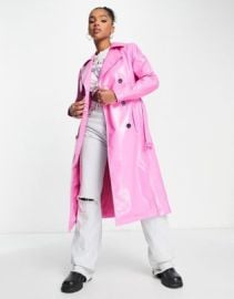 Miss Selfridge vinyl faux leather belted trench coat in bright pink at ASOS