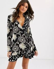 Missguided Wrap Dress with Frill Detail in Mono Paisley Print at ASOS