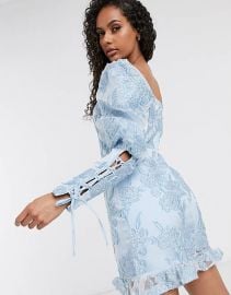 Missguided puff sleeve milkmaid mini dress in blue at Asos