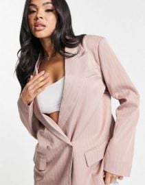 Missguided tailored pants and blazer set in pink pinstripe at ASOS