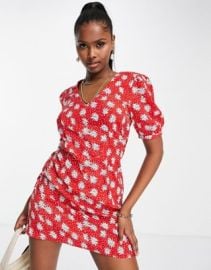 Missguided v front mini dress in red floral spot print at ASOS