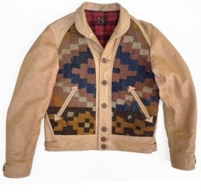 Mister Freedom LAWRENCE jacket natural veg-tan cowhide 038 up-cycled antique Kilim Special SUNSHINE Edition Made in USA suntanned in California 171 CHRISTOPHELOIRON at Christopheloiron