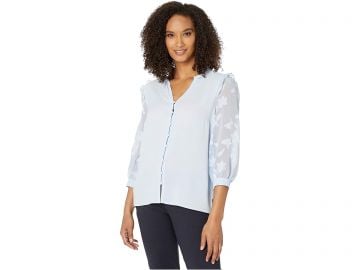 Mix Media 3 4 Sleeve Blouse with Button Placket by Cece at Zappos