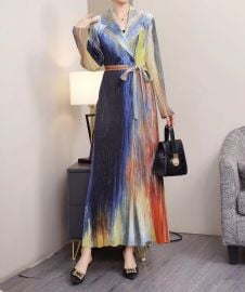 Miyake Pleated Long Blazer Casual One-Size Floral Printed V-Neck Abaya Women Muslim Dress Gradient Trench Dresses Low MOQ Custom at Alibaba