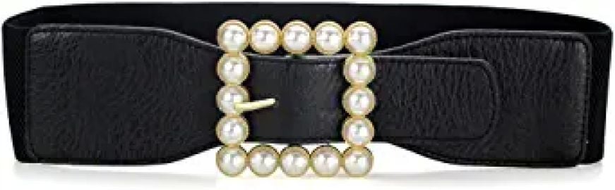 MoYoTo Women39s Pearl Crystal Rhinestone Buckle Elastic Stretchy Wide Waist Cinch Belt Black01 at Womens Clothing store at Amazon