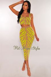 Mocha Neon Lime Zebra Knit Skirt Two Piece Set by Hot Miami Styles at Hot Miami Styles