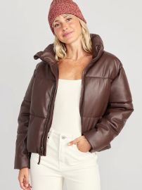 Mock-Neck Faux-Leather Puffer Jacket for Women at Old Navy