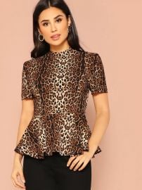 Mock Neck Leopard Peplum Top at Shein