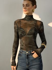 Mock Neck Printed Semi-Sheer T-Shirt COMMENSE at Commense