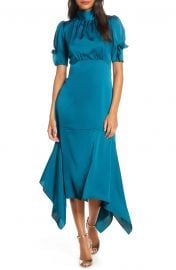 Mock Neck Puff Sleeve Satin Asymmetric Hem Midi Dress at Dillards