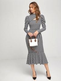 Modely Houndstooth Print Cutout Mock Neck Dress Without Belt USA at Shein