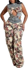 Molilove Women’s 2 Piece Outfits Sexy Floral Sleeveless Hollow Out Crop Top and Cargo Pants Set with Pockets Y2K Tracksuit at Amazon
