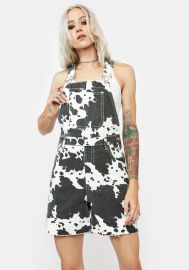 Momokrom Cow Print Denim Shortalls - BlackWhite Dolls Kill at Dolls Kill