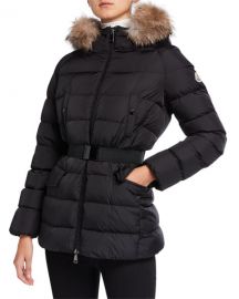 Moncler Clion Belted Puffer Jacket w  Fur Hood at Neiman Marcus