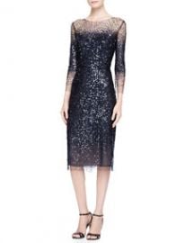 Monique Lhuillier 34-Sleeve Sequined Illusion-Trim Sheath Dress at Neiman Marcus