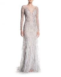 Monique Lhuillier Embellished Long-Sleeve Illusion Evening Gown with Feather Skirt at Neiman Marcus