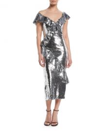 Monique Lhuillier Illusion-Neck Slim Tea-Length Cocktail Dress w Asymmetric Ruffle Detail at Neiman Marcus