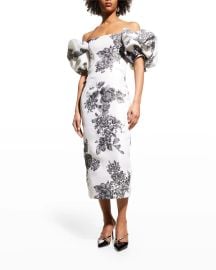 Monique Lhuillier Off-The-Shoulder Puff-Sleeve Midi Dress at Neiman Marcus