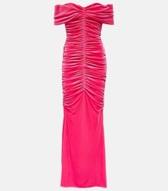 Monique Lhuillier Ruched off shoulder velvet gown at Mytheresa