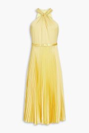 Monique Lhuillier Satin Halter Pleated Midi Dress at The Outnet