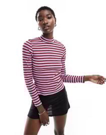 Monki Samina cotton ribbed long sleeve high neck top in multi stripe at ASOS