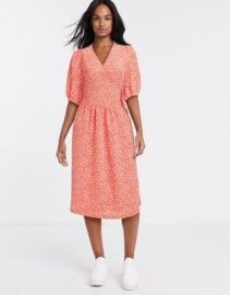 Monki Yoana recycled polyester floral print puff short sleeve tie wrap dress in red at ASOS