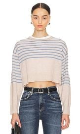 Monrow Wool Cashmere Stripe Crew Neck Sweater In Oatmeal Light Blue at Revolve