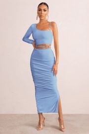 Montpellier Powder Blue Tie Waist Side Split Midi Skirt Club L London - USA at Club L