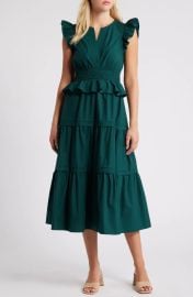 Moon River Flutter Sleeve Tiered Cotton Dress in Dark Green at Nordstrom