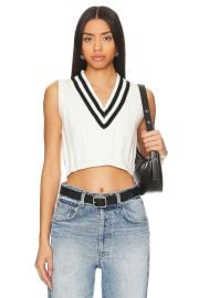 More To Come Jade Varsity Cropped Vest at Revolve