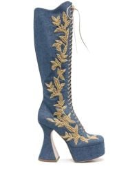 Moschino Leaf Embroidered High Denim Boots In Blue at Moschino