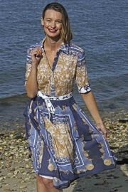 Mrs Maisel Dress Blue White And Gold Filigree Print Dizzy-Lizzie at Dizzy-Lizzie